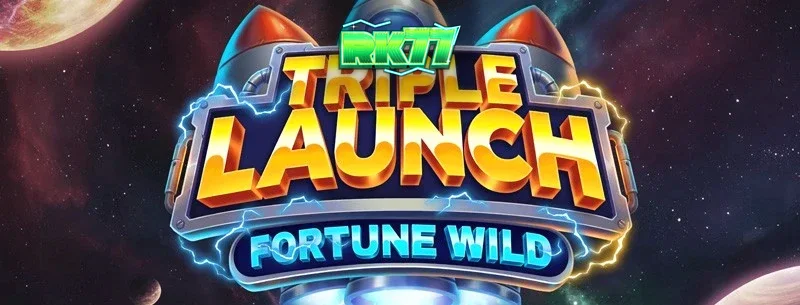 Tampilan layar permainan slot Triple Launch Fortune Wild dengan elemen visual futuristik