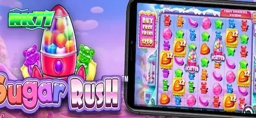 Tampilan visual cerah dan penuh warna dari slot Sugar Rush dengan grid 7x7.